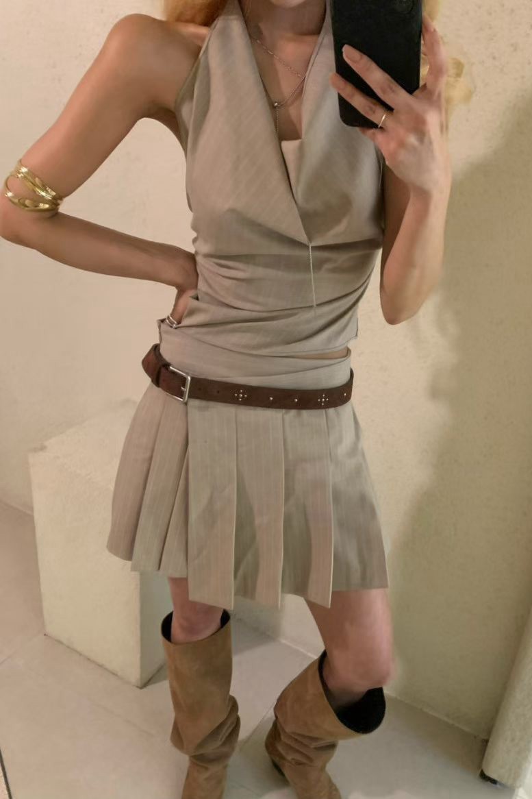 女團直紋經典百褶褲裙