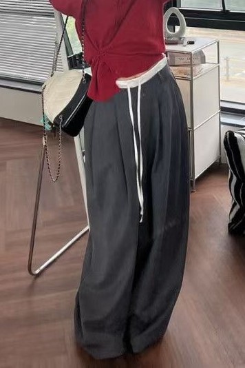 長腿拼接腰頭直筒寬褲