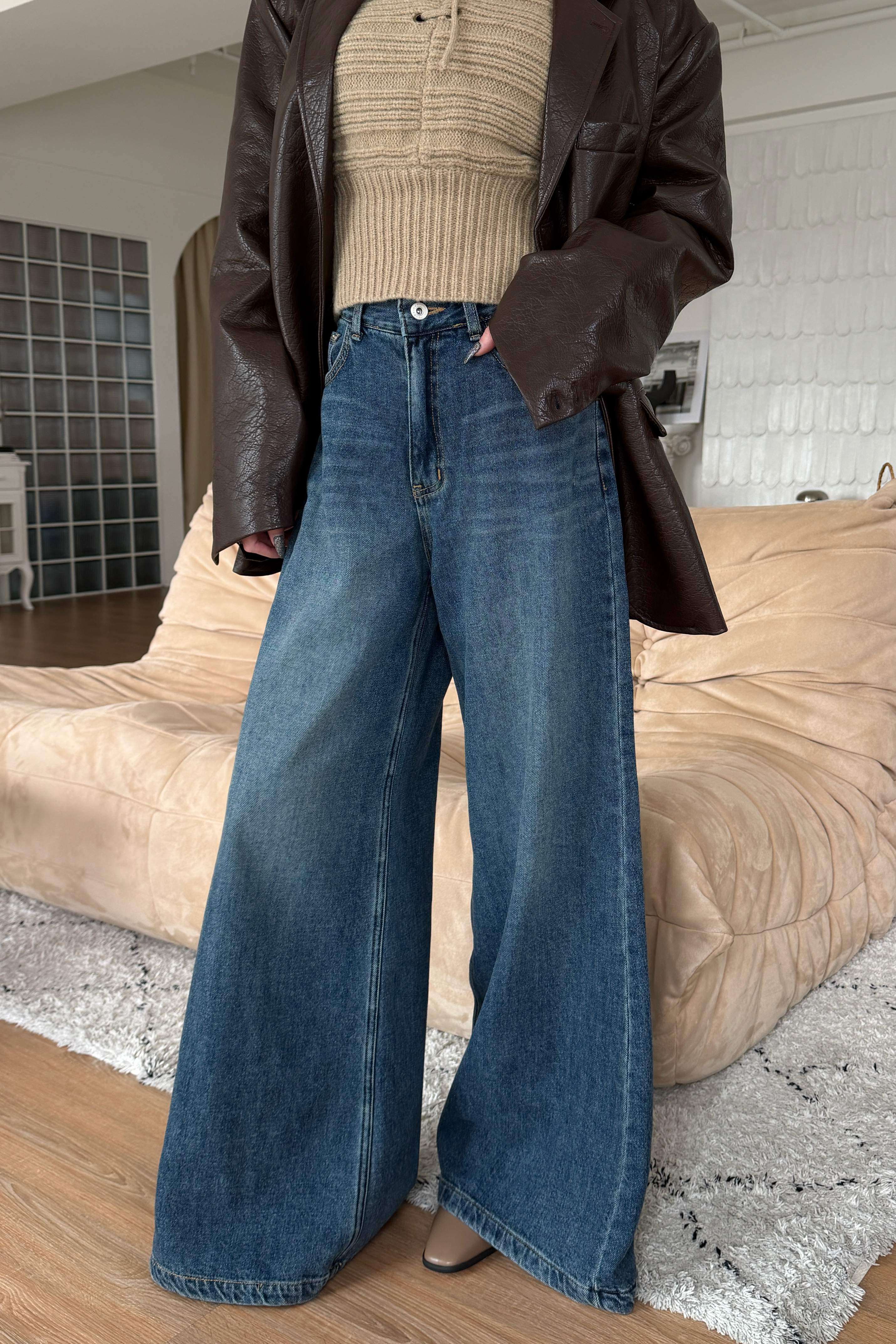 復古刷色喇叭牛仔寬褲