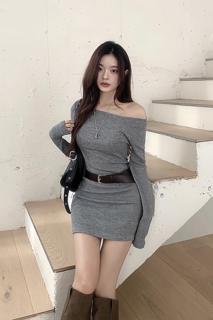 一字領腰帶洋裝