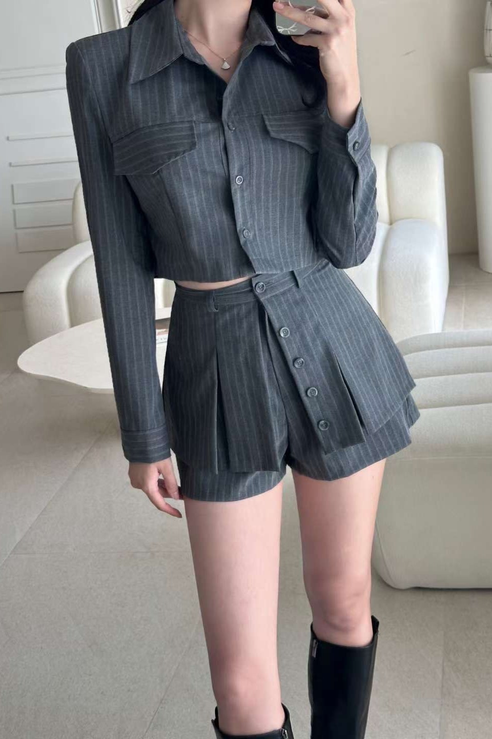 女團直紋襯衫褲裙set