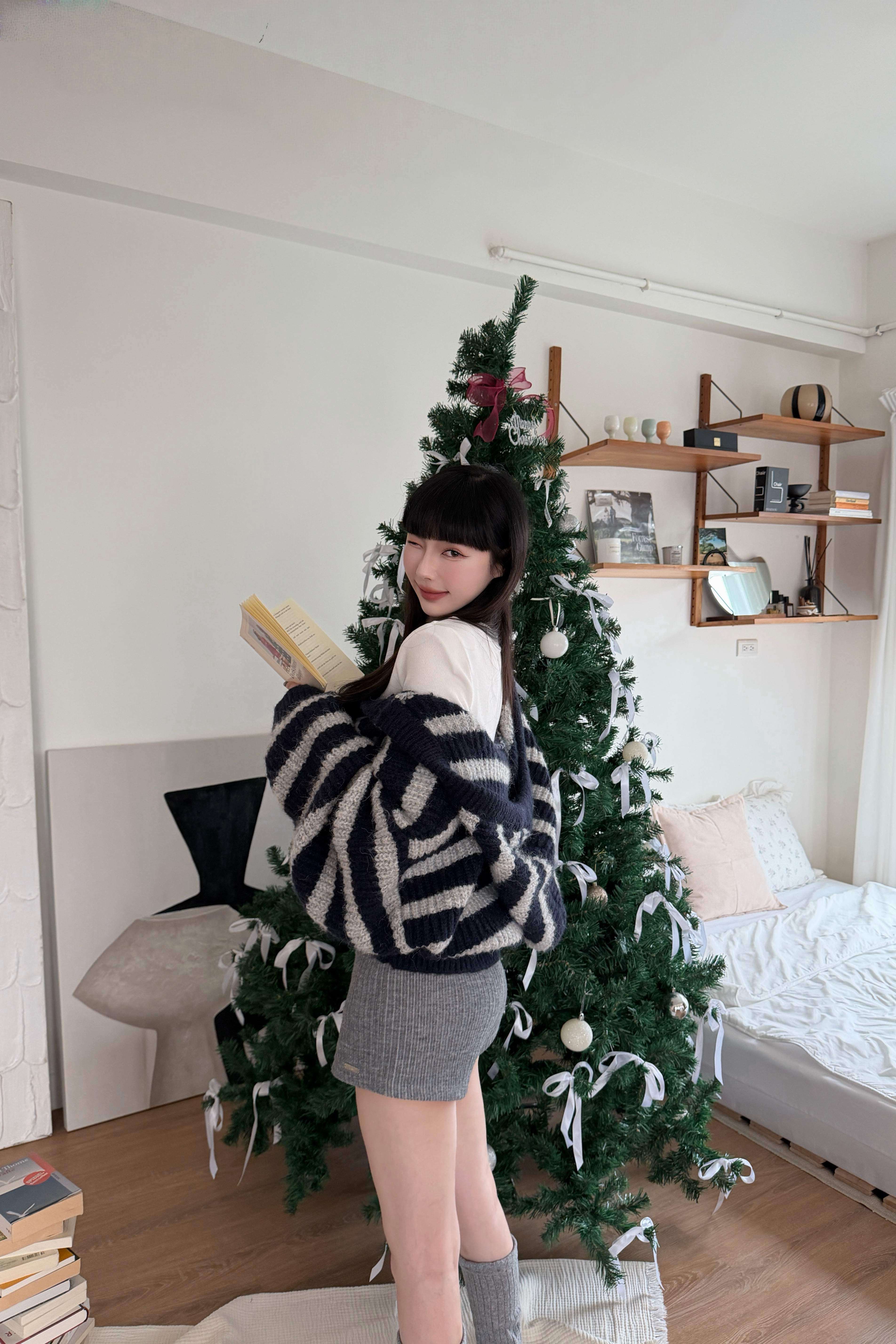 QQ連帽條紋針織外套