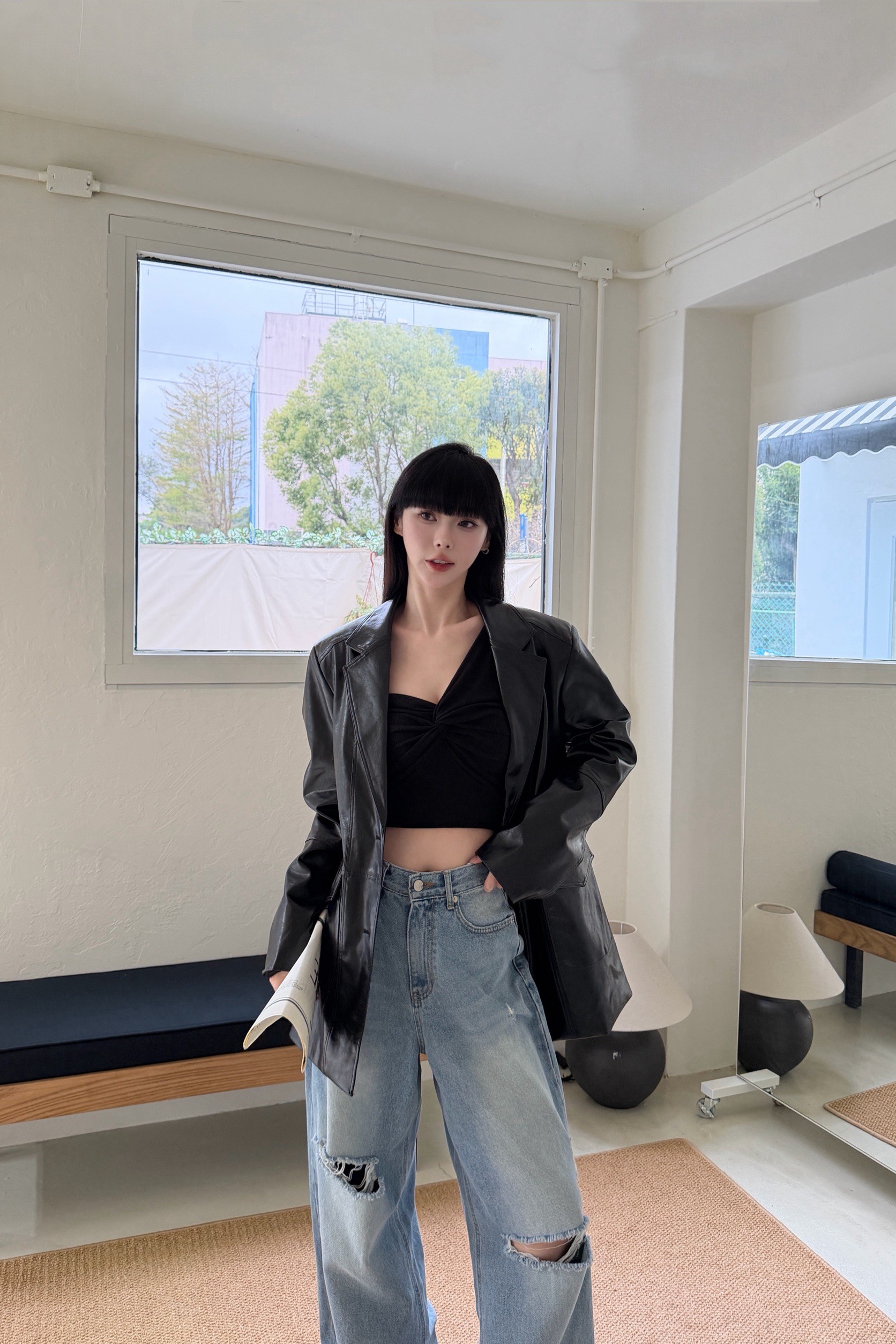 時髦修身皮革西外