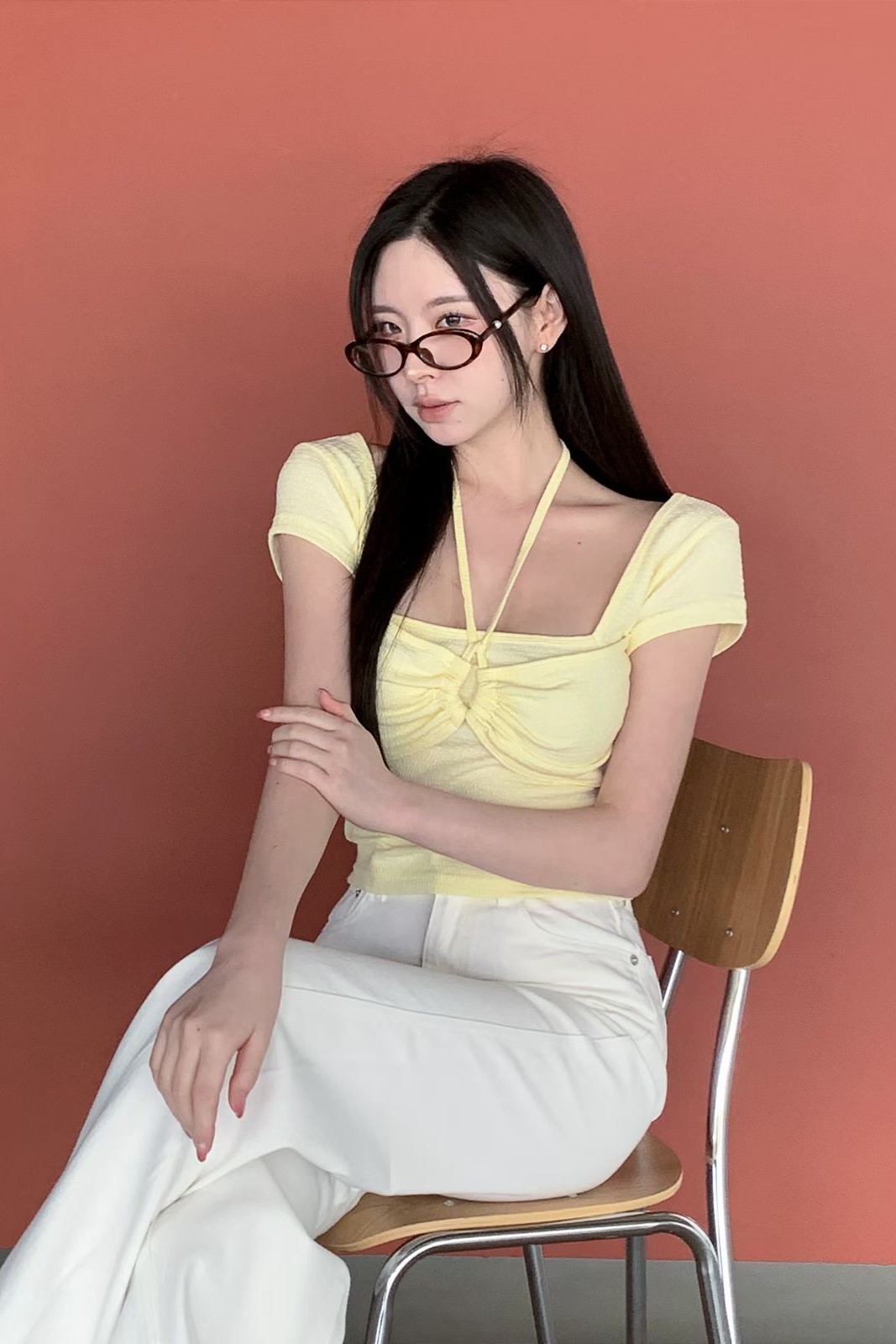 方領假兩件綁帶上衣
