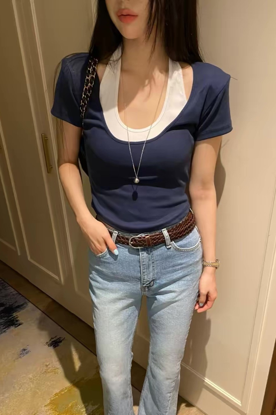 假兩件配色短T