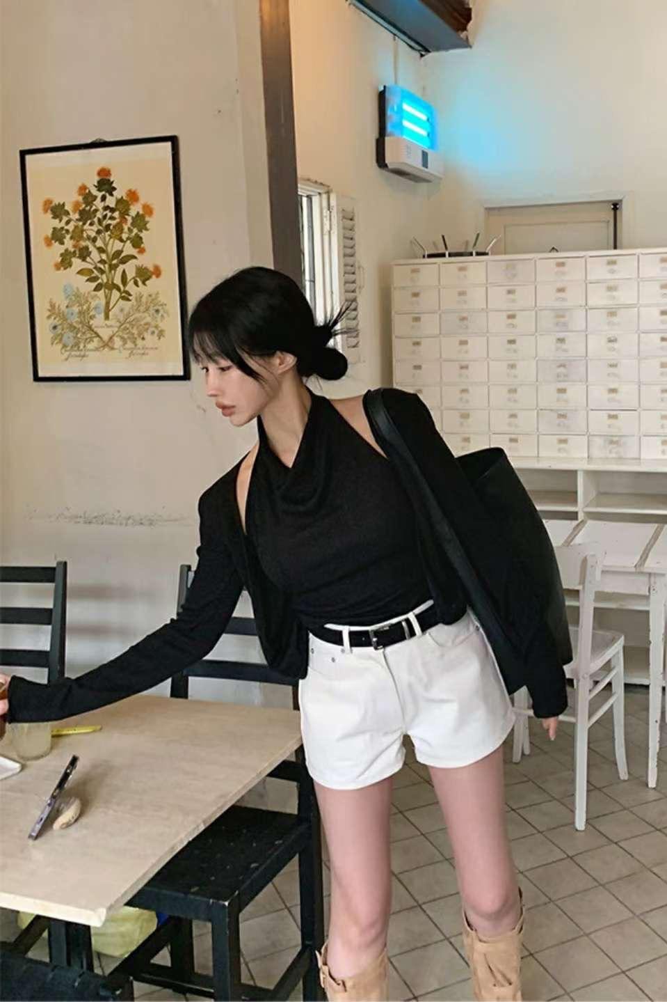 垂領假兩件長袖上衣