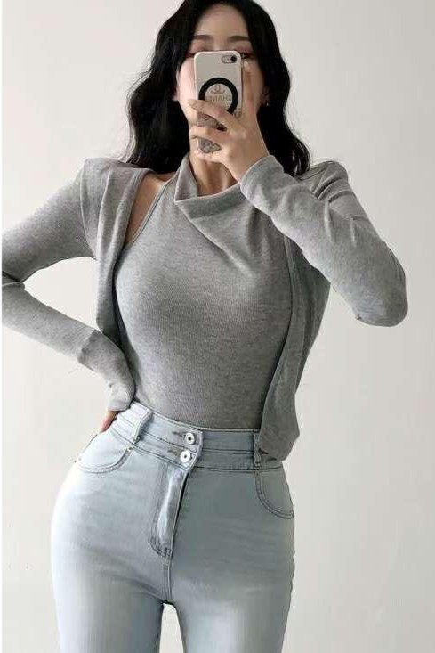 垂領假兩件長袖上衣