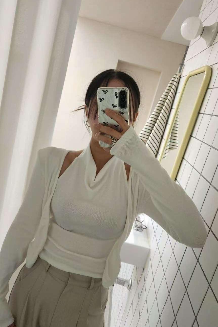 垂領假兩件長袖上衣