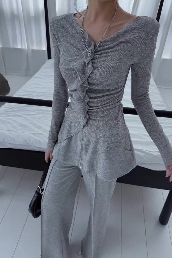 抓皺荷葉感長袖上衣