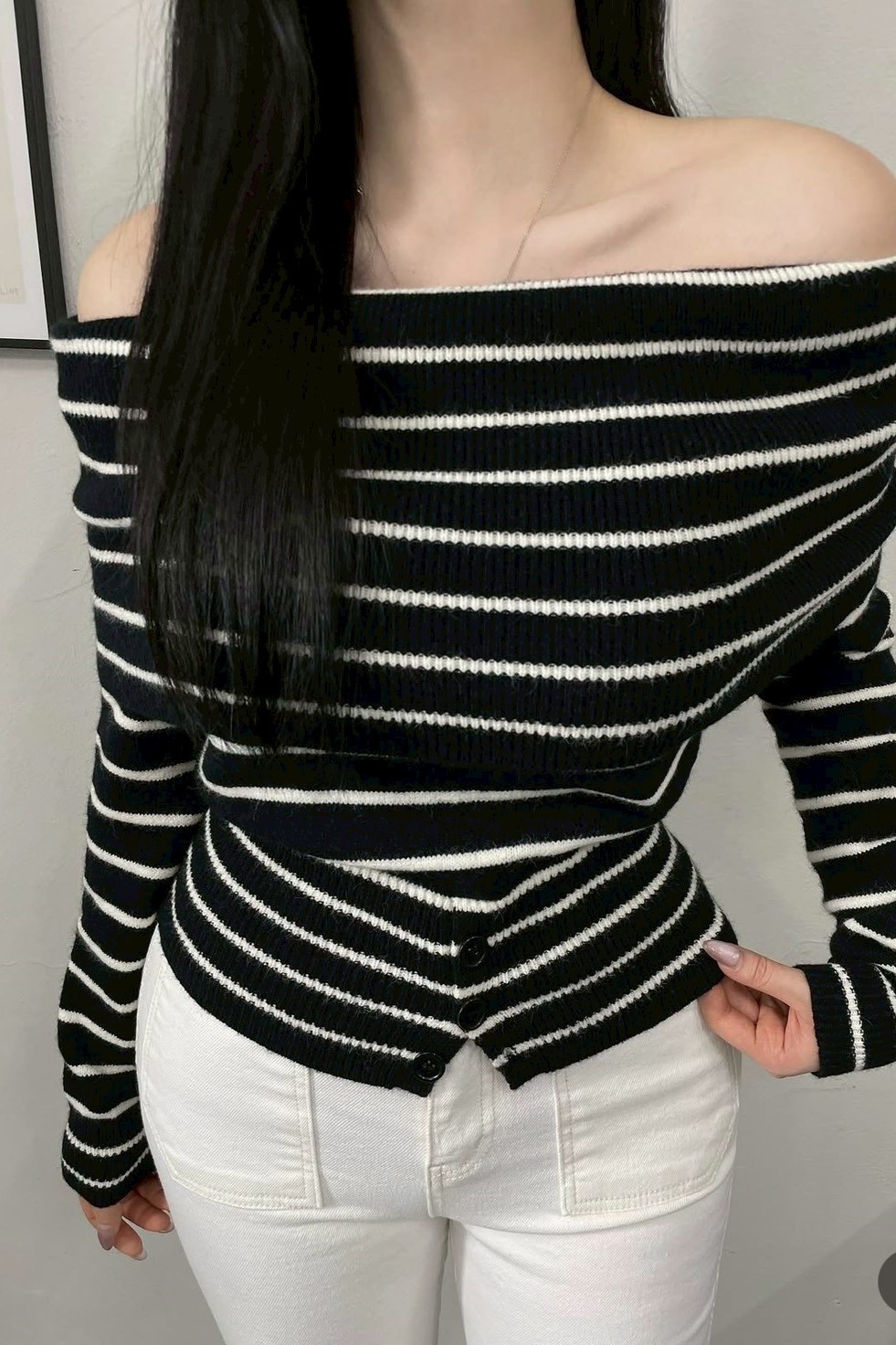 歐膩條紋平口長袖上衣