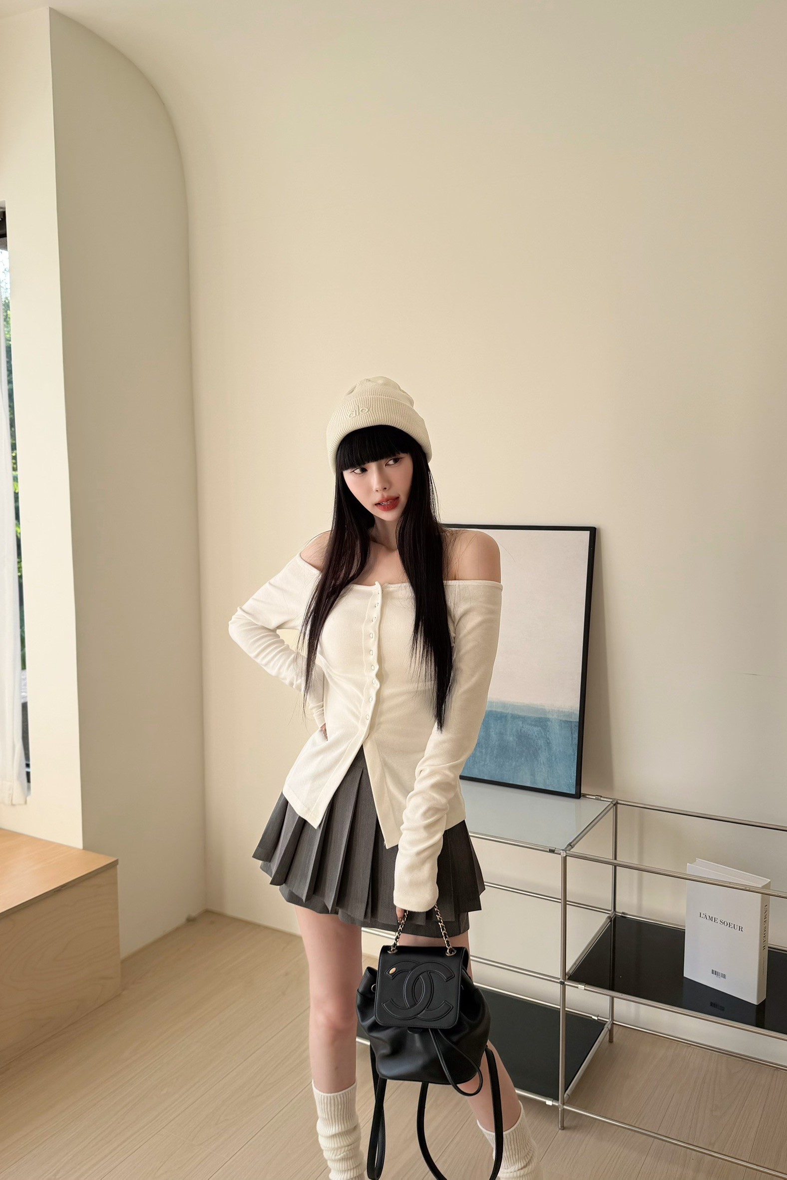 Y2K女孩一字領排釦上衣