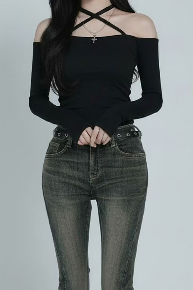 絨面平口綁帶上衣