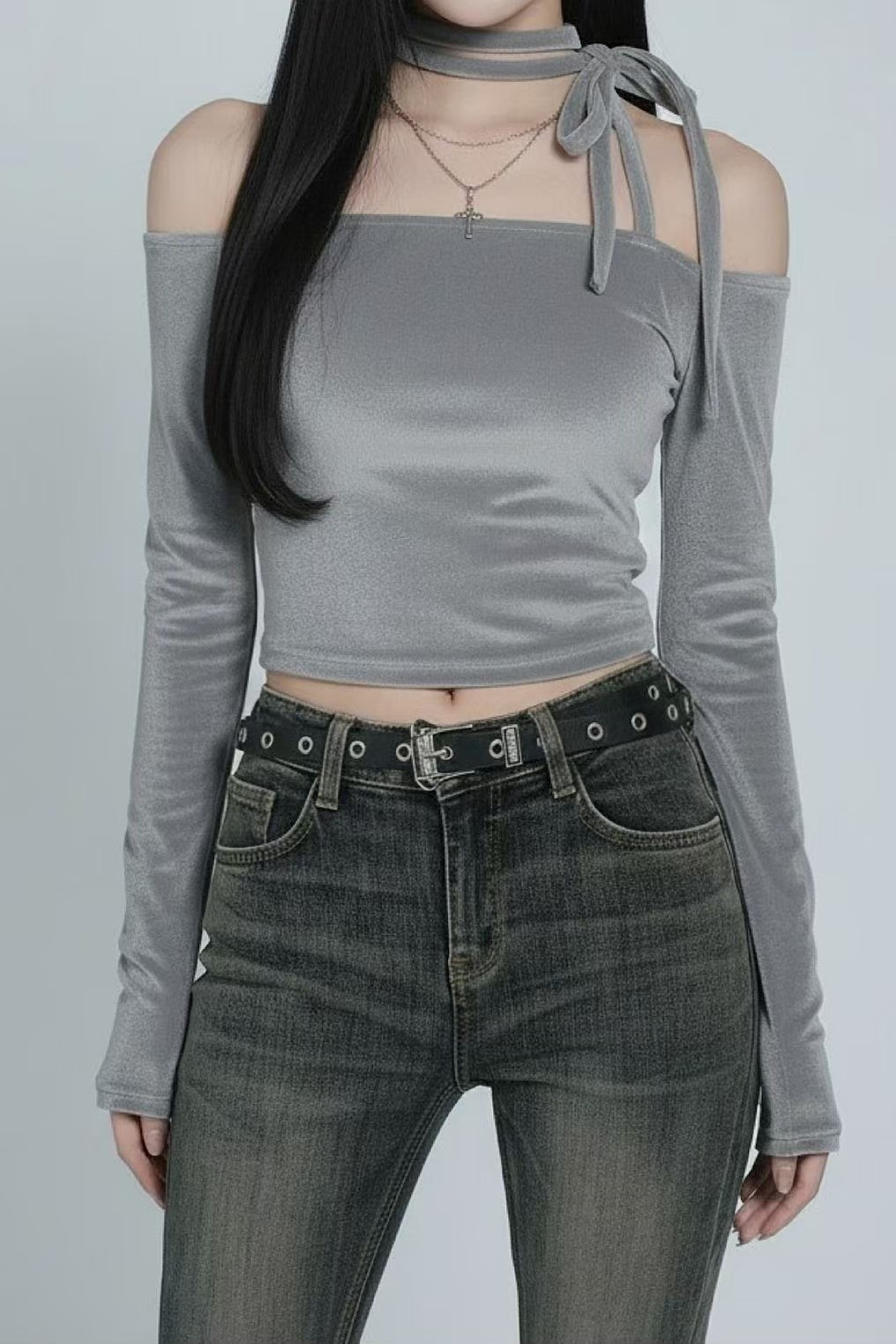 絨面平口綁帶上衣