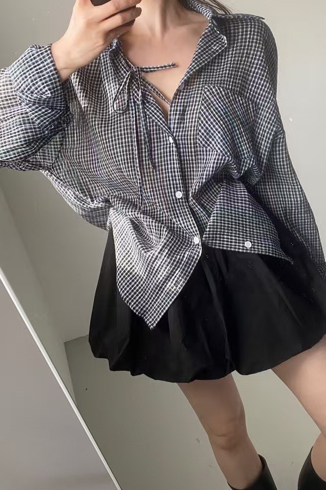 單肩綁帶格紋襯衫