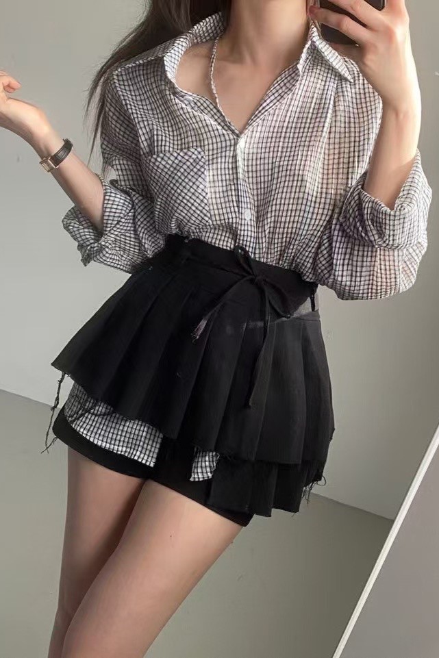 單肩綁帶格紋襯衫