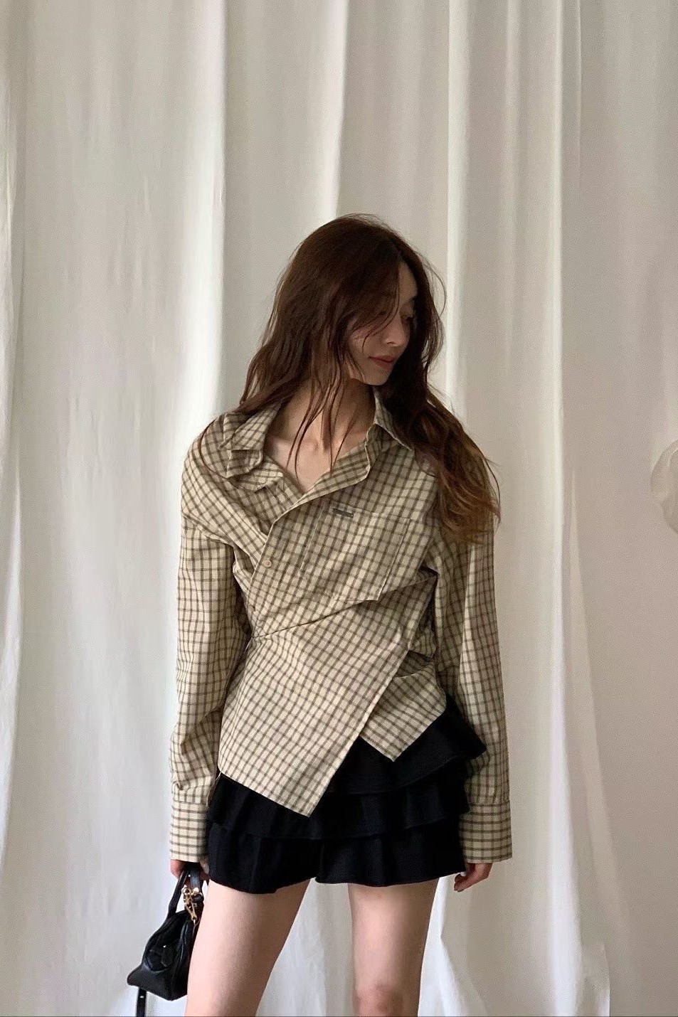 oversize小銀標口袋襯衫(格紋)