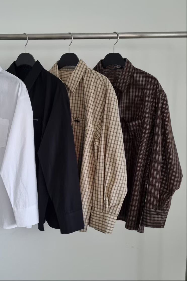 oversize小銀標口袋襯衫(格紋)