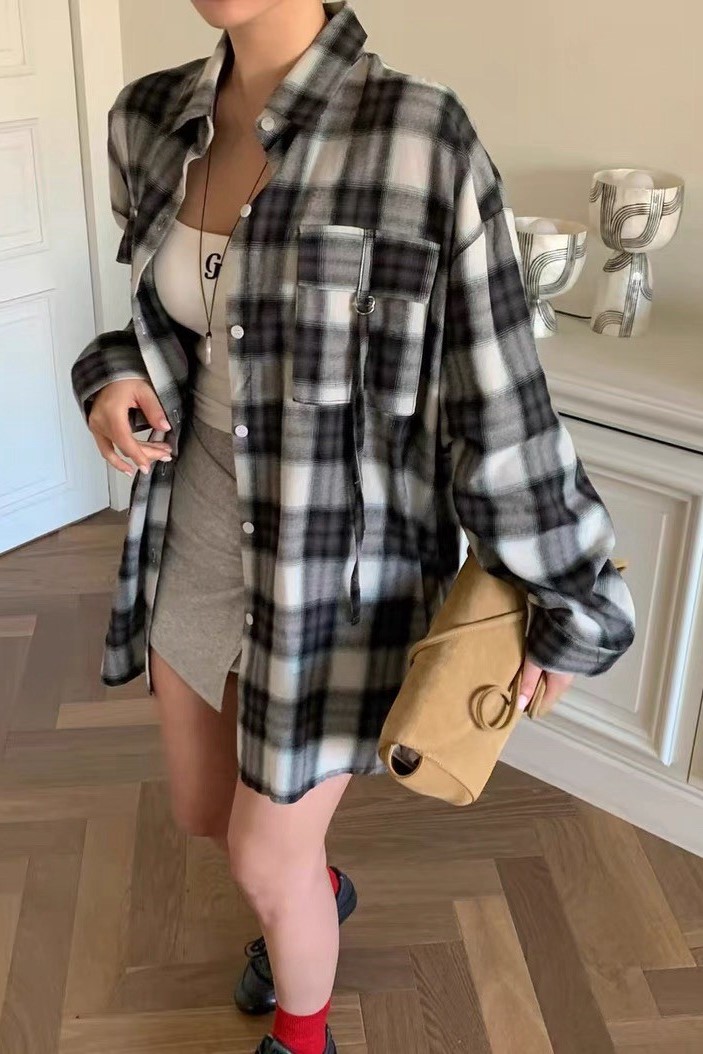 口袋小設計格紋襯衫