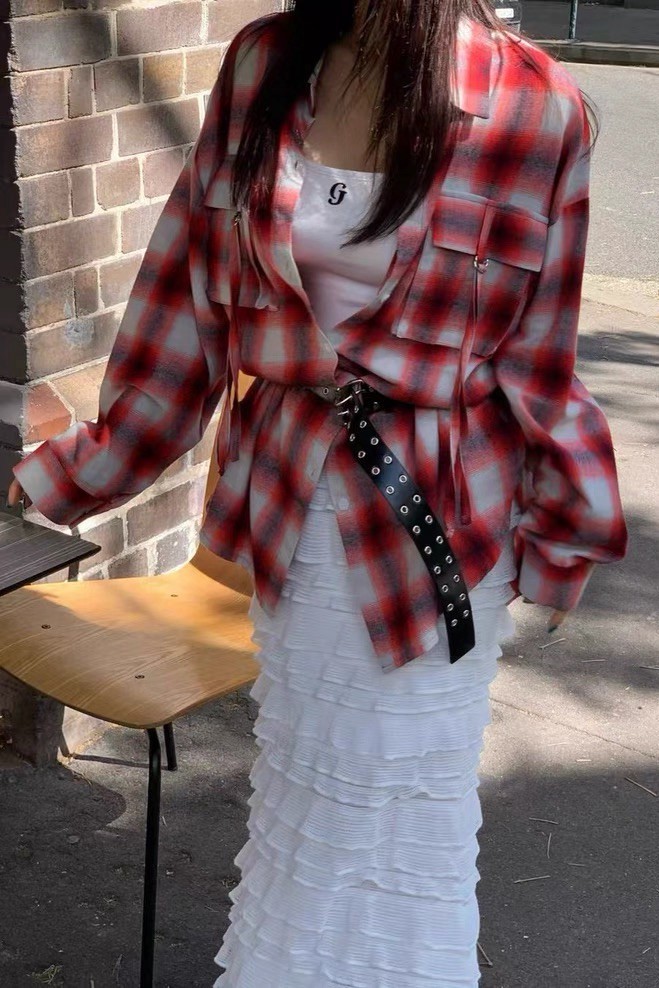 口袋小設計格紋襯衫