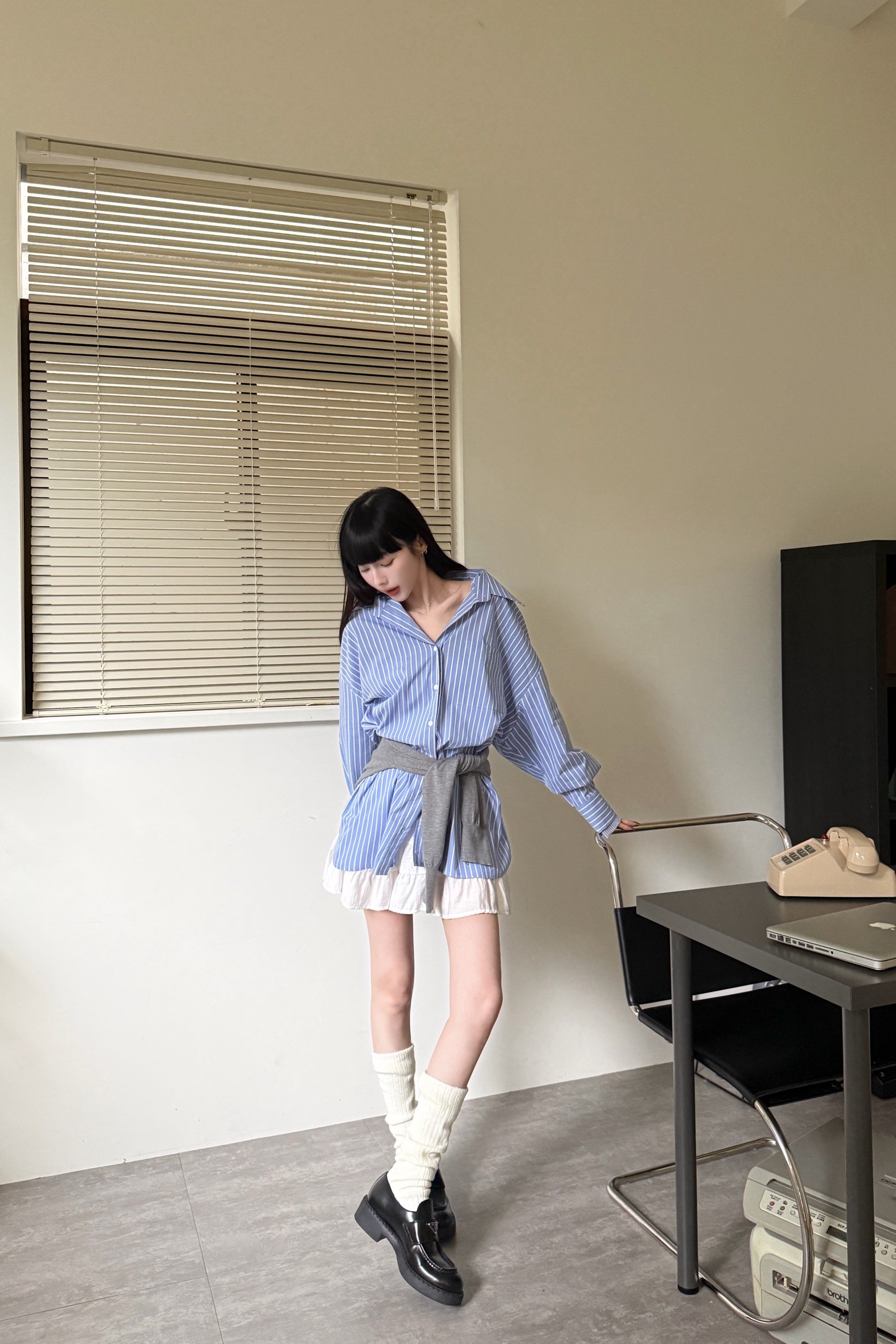 袖口雙層拼接條紋襯衫