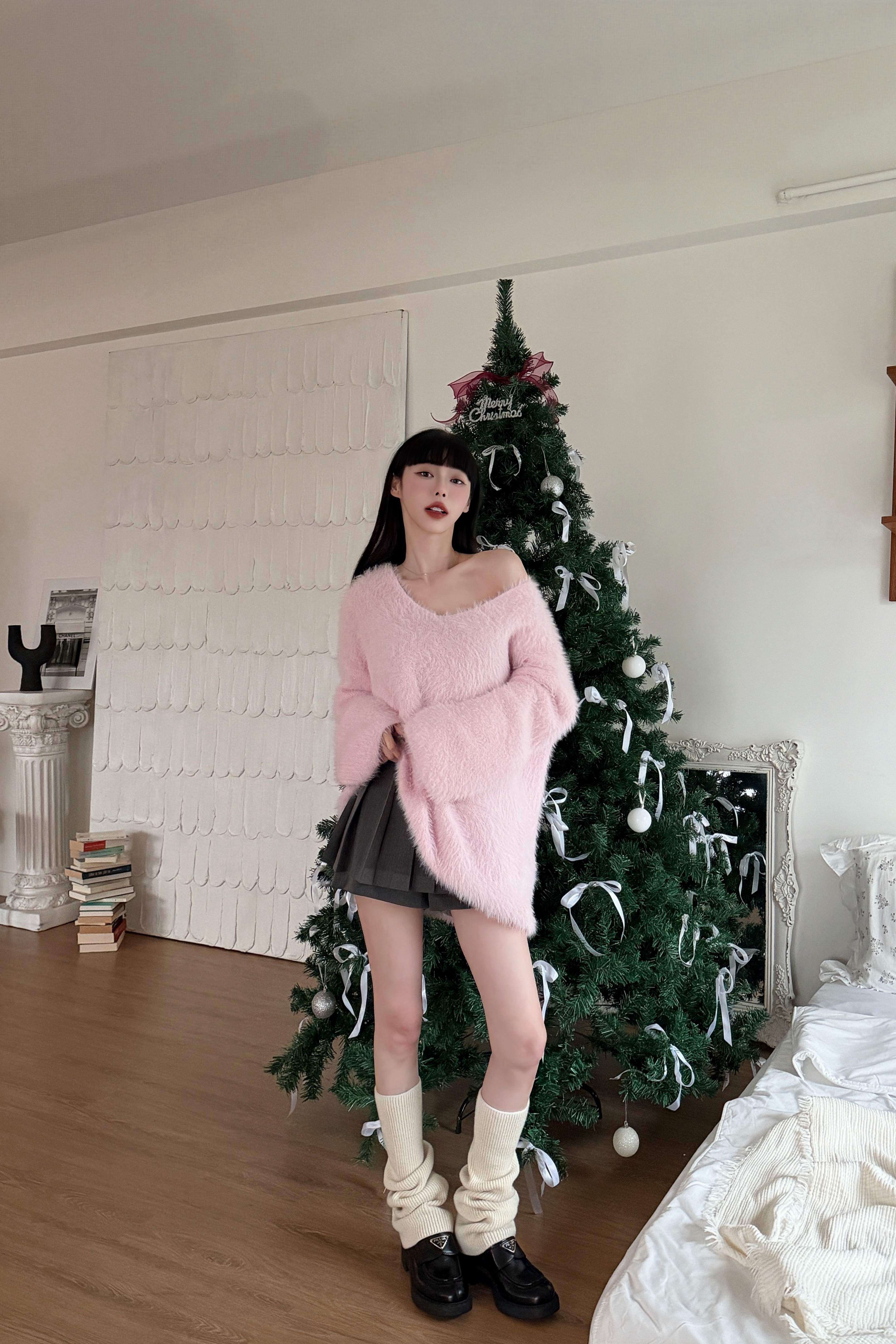 圓領毛毛針織上衣